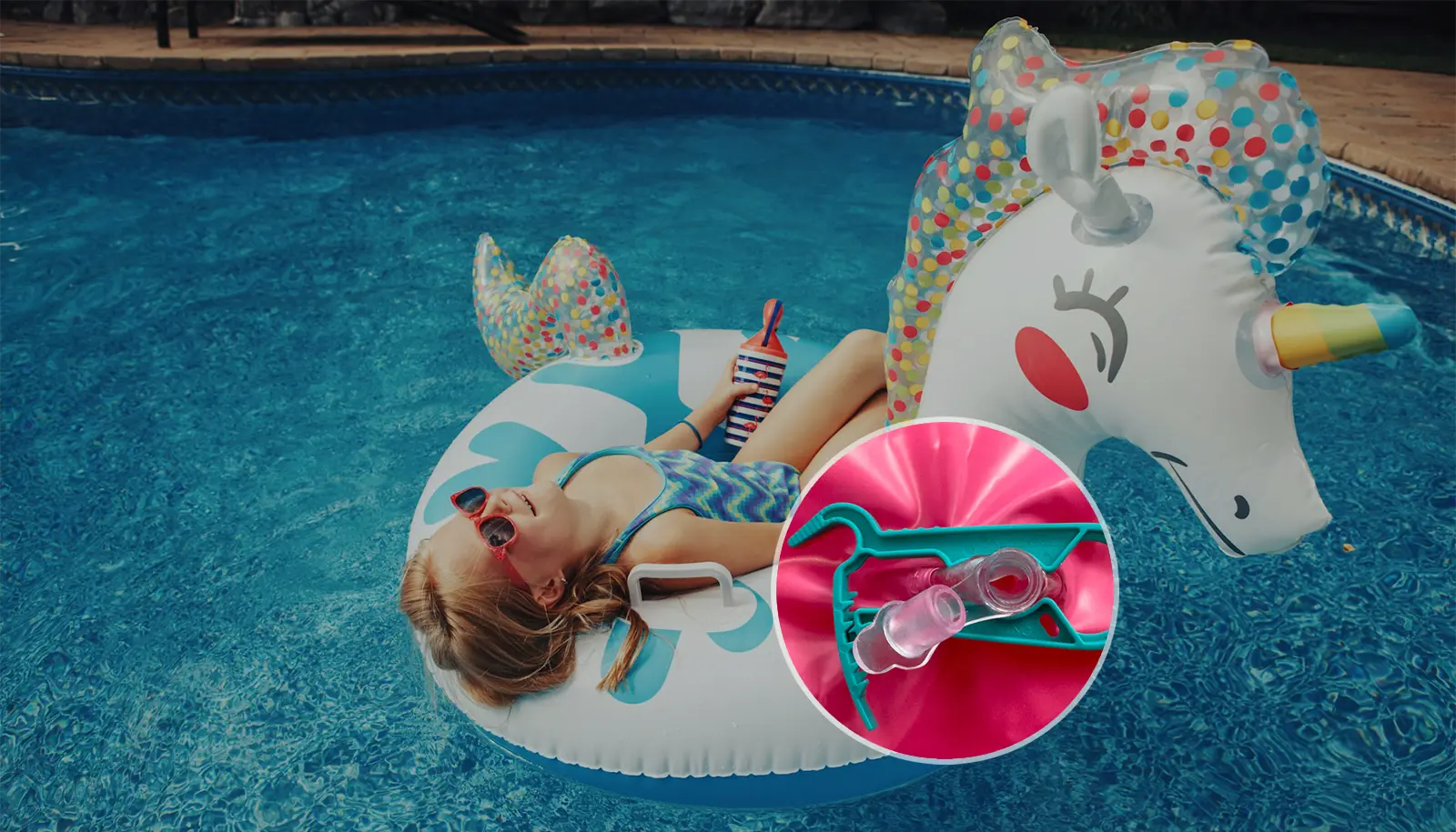 Child on a large inflatable unicorn float, made easy to inflate with EZBREEZY™ tool