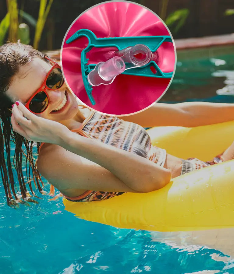 Smiling woman relaxing on a pool float, effortlessly inflated with EZBREEZY™