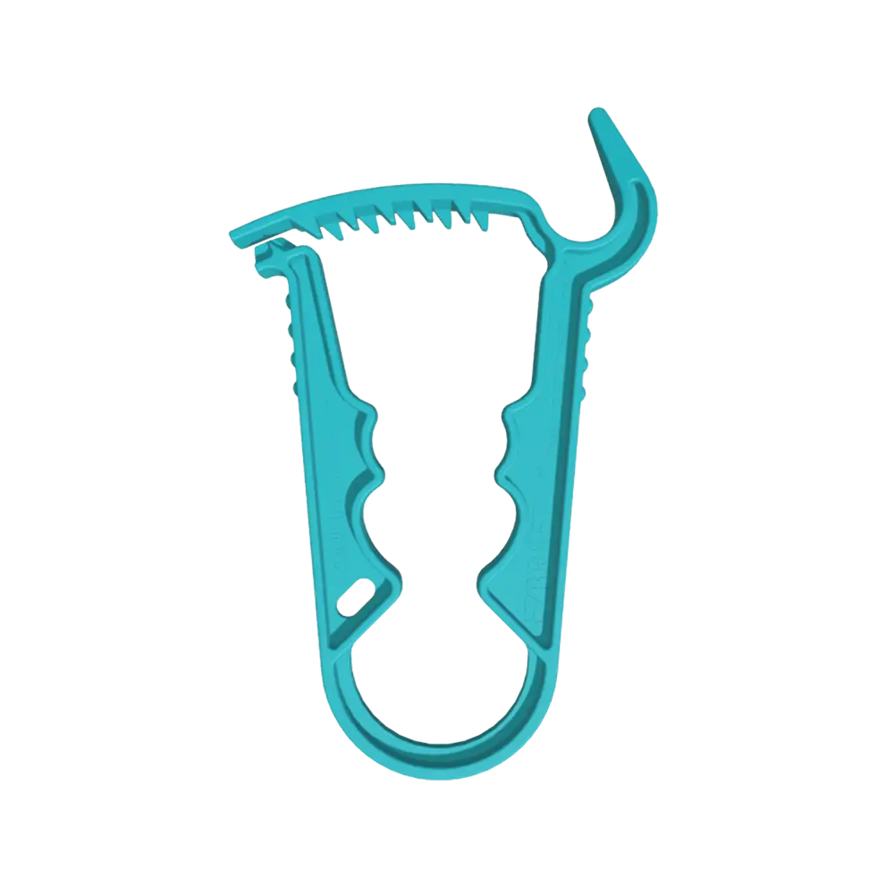 Neon turquoise EZBREEZY™ clip for hands-free inflation and deflation of pool floats and toys